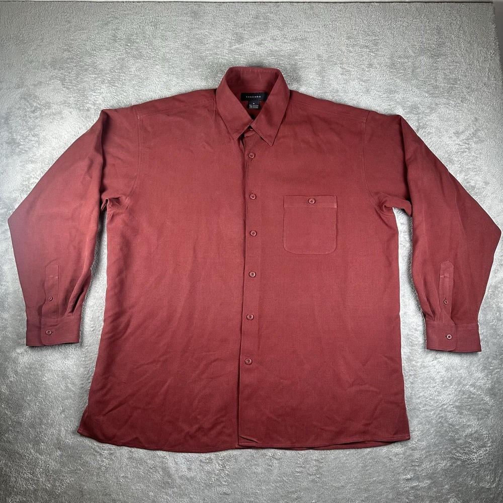 Toscano 100% Silk Shirt XL Red Button Down Collar Long Sleeve Pocket Dressy